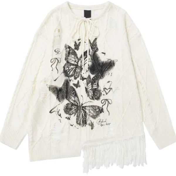 Sweaters*Boogzel Clothing Oversized Ripped Sweater with Butterfly Print
