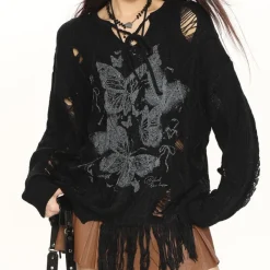 Sweaters*Boogzel Clothing Oversized Ripped Sweater with Butterfly Print