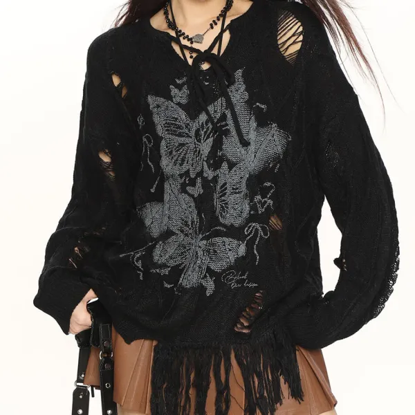 Sweaters*Boogzel Clothing Oversized Ripped Sweater with Butterfly Print