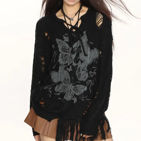 Sweaters*Boogzel Clothing Oversized Ripped Sweater with Butterfly Print