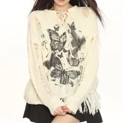 Sweaters*Boogzel Clothing Oversized Ripped Sweater with Butterfly Print