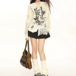 Sweaters*Boogzel Clothing Oversized Ripped Sweater with Butterfly Print