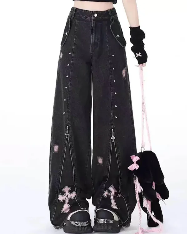 Jeans*Boogzel Clothing Pastel Goth Cross Baggy Jeans Black/pink