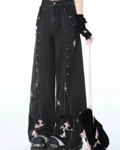 Jeans*Boogzel Clothing Pastel Goth Cross Baggy Jeans Black/pink