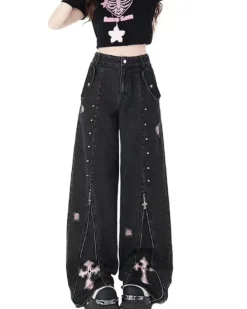 Jeans*Boogzel Clothing Pastel Goth Cross Baggy Jeans Black/pink