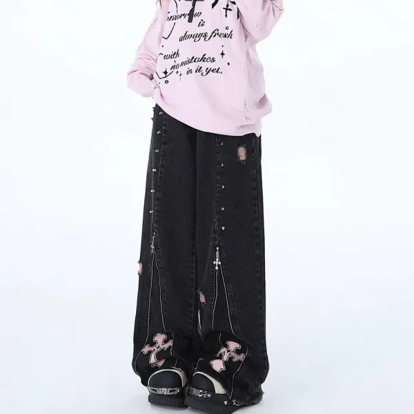 Jeans*Boogzel Clothing Pastel Goth Cross Baggy Jeans Black/pink