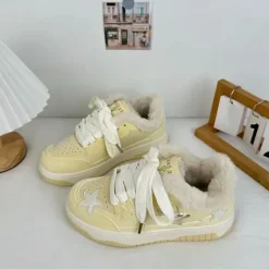 Aesthetic Sneakers*Boogzel Clothing Pastel Star Fur-Lined Sneakers Yellow