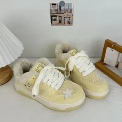 Aesthetic Sneakers*Boogzel Clothing Pastel Star Fur-Lined Sneakers Yellow