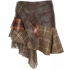 Skirts*Boogzel Clothing Patchwork Asymmetrical Mini Skirt Brown