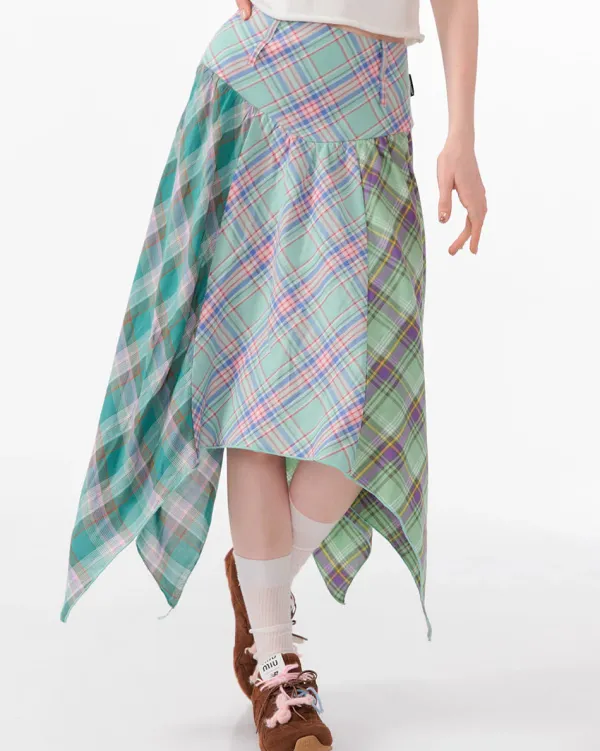 Skirts*Boogzel Clothing Patchwork Midi Plaid Skirt Green