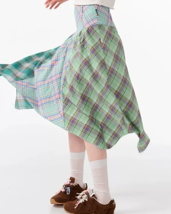 Skirts*Boogzel Clothing Patchwork Midi Plaid Skirt Green