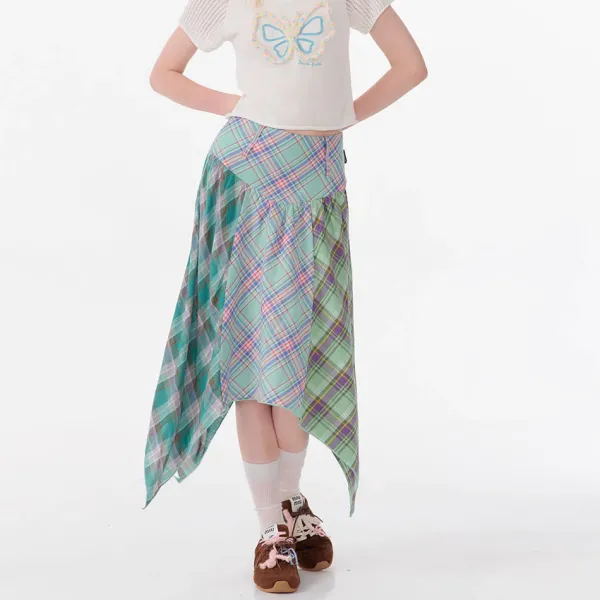 Skirts*Boogzel Clothing Patchwork Midi Plaid Skirt Green
