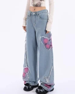 Jeans*Boogzel Clothing Pink Butterfly Wide Leg Jeans Blue