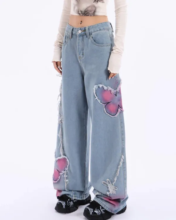 Jeans*Boogzel Clothing Pink Butterfly Wide Leg Jeans Blue