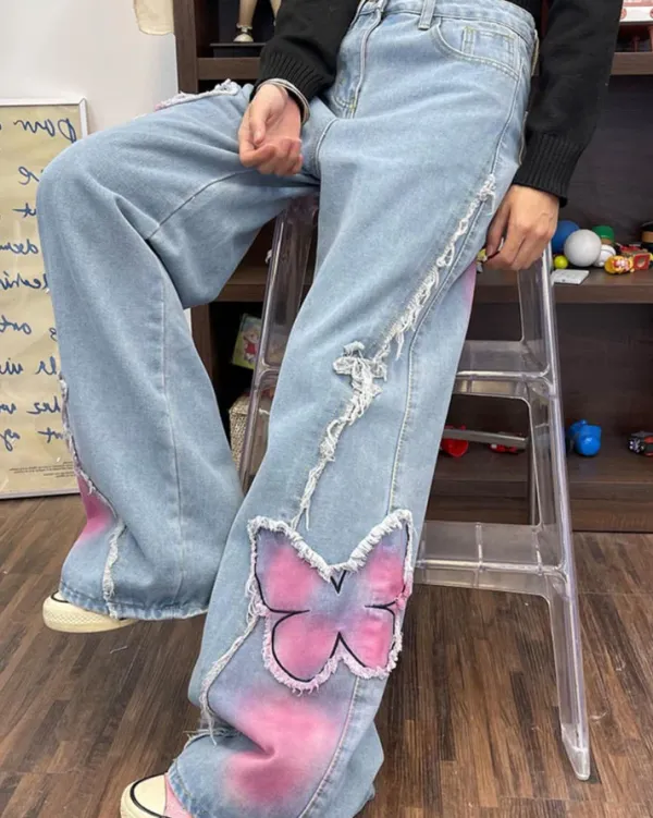 Jeans*Boogzel Clothing Pink Butterfly Wide Leg Jeans Blue