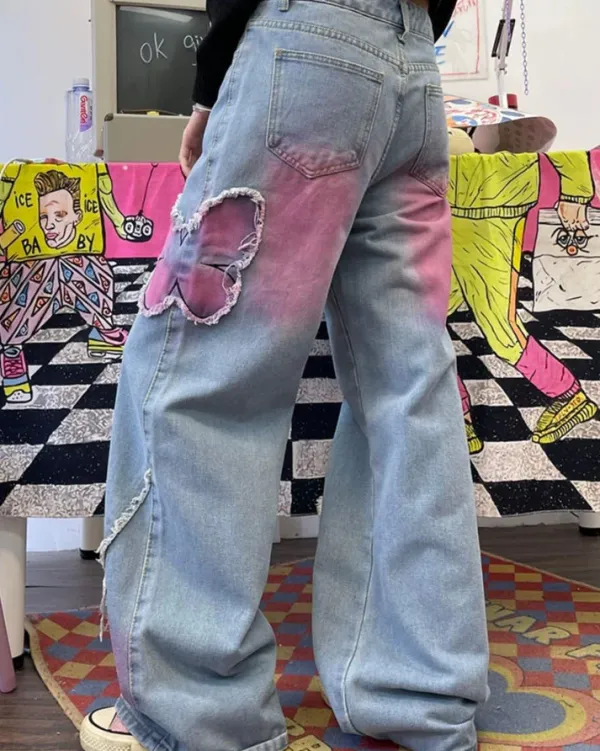 Jeans*Boogzel Clothing Pink Butterfly Wide Leg Jeans Blue