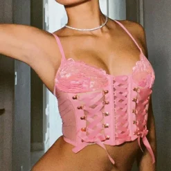 Y2K Tops|Crop Tops*Boogzel Clothing Lace Mesh Top Pink