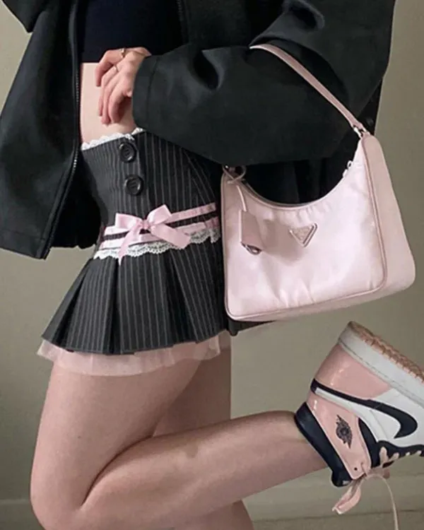 Skirts*Boogzel Clothing Pinstripe Coquette Micro-Mini Skirt Grey/pink