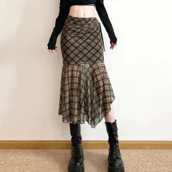 Skirts*Boogzel Clothing Plaid Asymmetrical Mesh Skirt Green