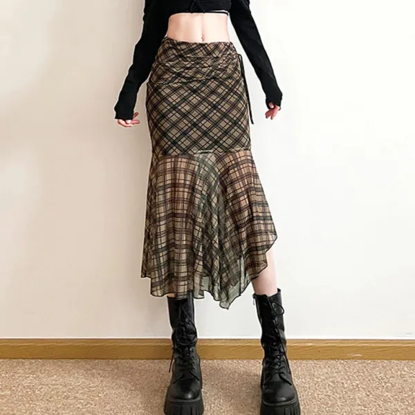 Skirts*Boogzel Clothing Plaid Asymmetrical Mesh Skirt Green