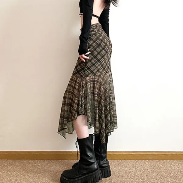 Skirts*Boogzel Clothing Plaid Asymmetrical Mesh Skirt Green