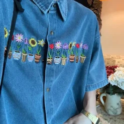 Mens*Boogzel Clothing Plants & Pots Embroidery Denim Shirt Blue