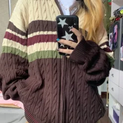 Striped Sweaters|Knit Cardigans*Boogzel Clothing Preppy Aesthetic Collar Striped Cardigan Brown