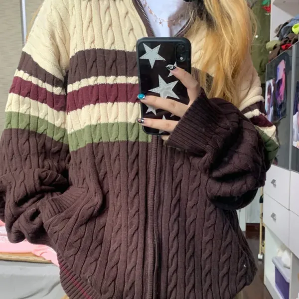 Striped Sweaters|Knit Cardigans*Boogzel Clothing Preppy Aesthetic Collar Striped Cardigan Brown