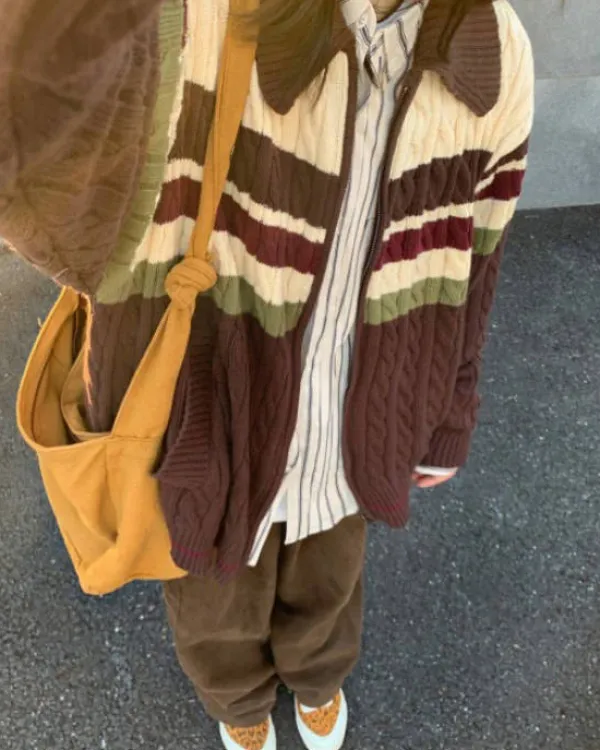 Striped Sweaters|Knit Cardigans*Boogzel Clothing Preppy Aesthetic Collar Striped Cardigan Brown