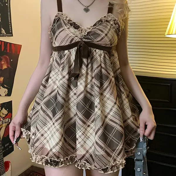 Dresses & Rompers|Y2K Tops*Boogzel Clothing Preppy Aesthetic Plaid Mini Tank Dress Brown