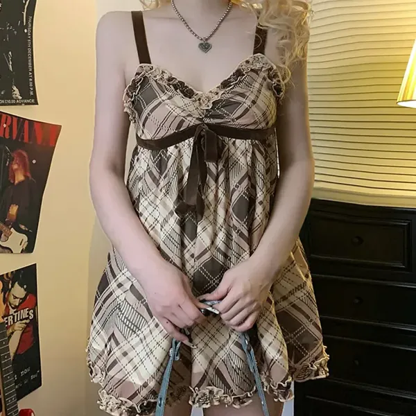 Dresses & Rompers|Y2K Tops*Boogzel Clothing Preppy Aesthetic Plaid Mini Tank Dress Brown