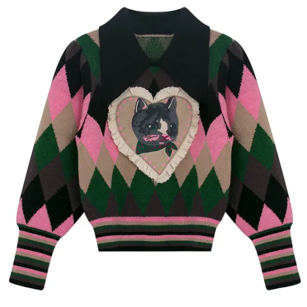 Argyle Sweaters & Vests|Sweaters*Boogzel Clothing Preppy Cat Argyle Collar Jumper Multi