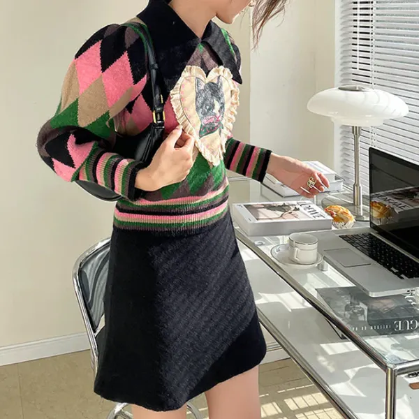 Argyle Sweaters & Vests|Sweaters*Boogzel Clothing Preppy Cat Argyle Collar Jumper Multi