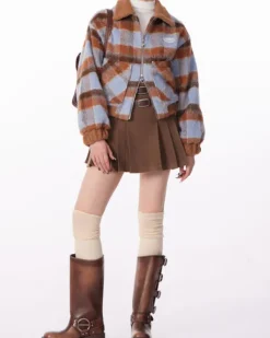 Coats & Jackets*Boogzel Clothing Preppy Style Warm Checkered Jacket Brown/blue