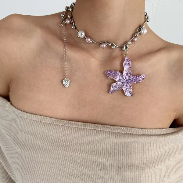 Necklaces & Chokers*Boogzel Clothing Purple Tropical Flower Choker Silver/purple