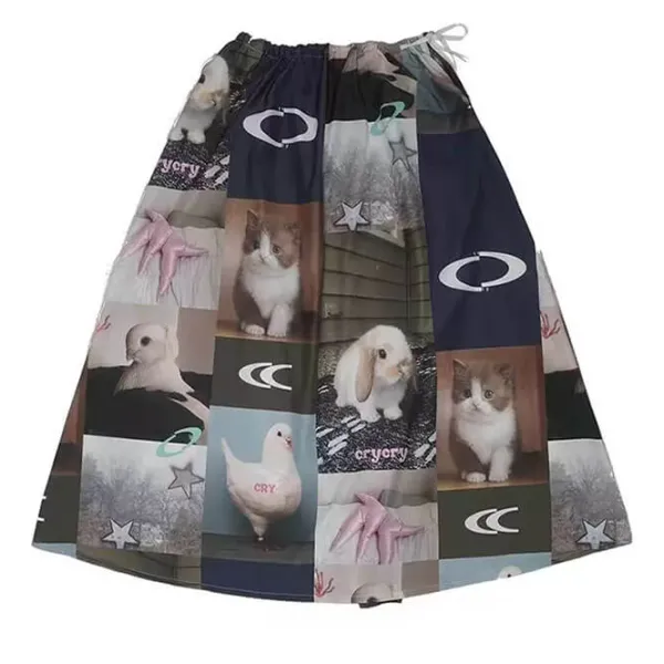 Skirts*Boogzel Clothing Rabbit & Cat Print Aesthetic Midi Skirt Multi