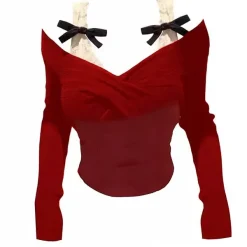 Long Sleeve Tops*Boogzel Clothing Off-Shoulder Bow Top Red