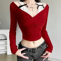Long Sleeve Tops*Boogzel Clothing Off-Shoulder Bow Top Red