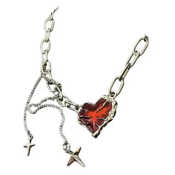 Necklaces & Chokers*Boogzel Clothing Red Stone Heart Chain Necklace Silver