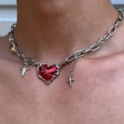 Necklaces & Chokers*Boogzel Clothing Red Stone Heart Chain Necklace Silver