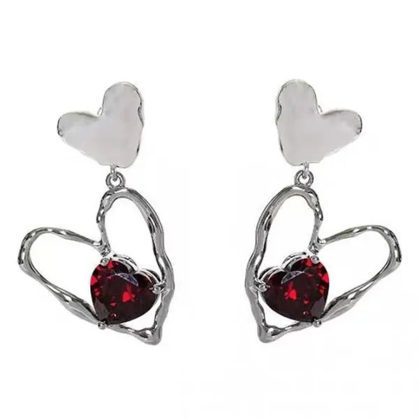 Earrings*Boogzel Clothing Red Stone Heart Earrings Silver/red