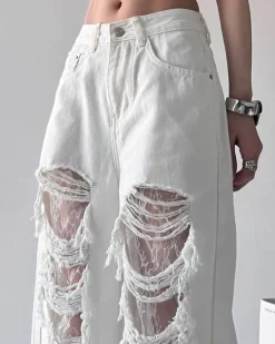 Jeans*Boogzel Clothing Ripped Lace Baggy Jeans White