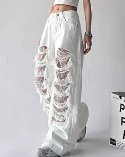 Jeans*Boogzel Clothing Ripped Lace Baggy Jeans White
