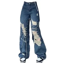 Jeans*Boogzel Clothing Ripped Lace Up Baggy Jeans Blue