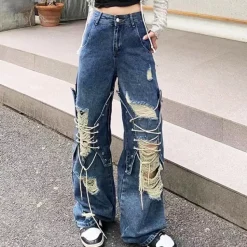 Jeans*Boogzel Clothing Ripped Lace Up Baggy Jeans Blue