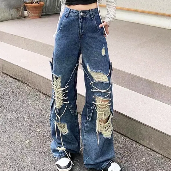 Jeans*Boogzel Clothing Ripped Lace Up Baggy Jeans Blue