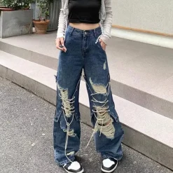 Jeans*Boogzel Clothing Ripped Lace Up Baggy Jeans Blue