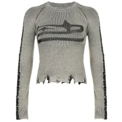 Long Sleeve Tops*Boogzel Clothing Ripped Long Sleeve Star Top Grey