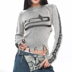 Long Sleeve Tops*Boogzel Clothing Ripped Long Sleeve Star Top Grey