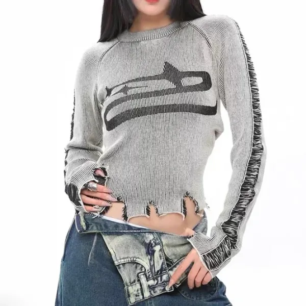 Long Sleeve Tops*Boogzel Clothing Ripped Long Sleeve Star Top Grey